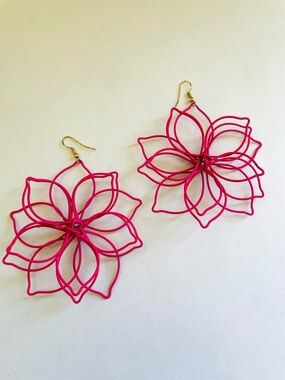 Pink Floral Wire Drop Earrings - Lightweight Statement